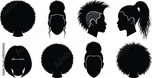 Diverse hairstyle silhouette collection featuring afro, curls, buns, ponytails and profiles, inclusive hair fashion icons set in black and white vector illustration