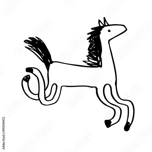 Cartoon funny galloping horse in childlike scribble drawing style isolated on white. Naive outline art for cards, clipart symbol collection. Vector illustration