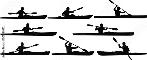 Kayaking silhouette collection showing different paddling positions, canoe and kayak sport actions isolated on white background for outdoor adventure, water sports, and recreation concepts