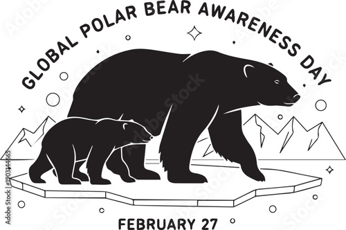 Black and white vector illustration of two polar bears on ice floe with Global Polar Bear Awareness Day text