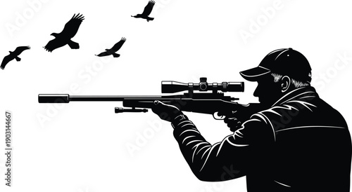 Hunter Silhouette Aiming Rifle at Flying Birds, Outdoor Hunting Scene with Man and Wildlife, Black Vector Illustration for Sport, Nature, Shooting, and Adventure Concepts