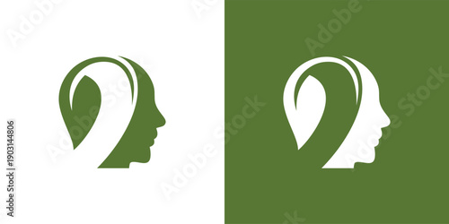 Creative logo design featuring a human head and a leaf shape green color.