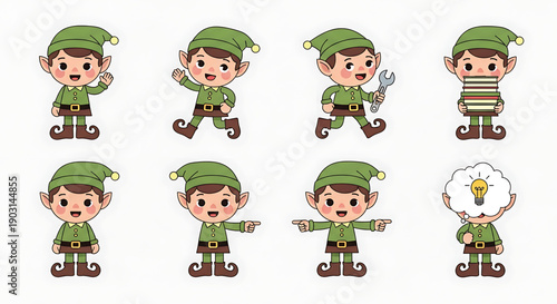 Cartoon elf character set with various emotions and actions green outfit brown boots isolated on white background