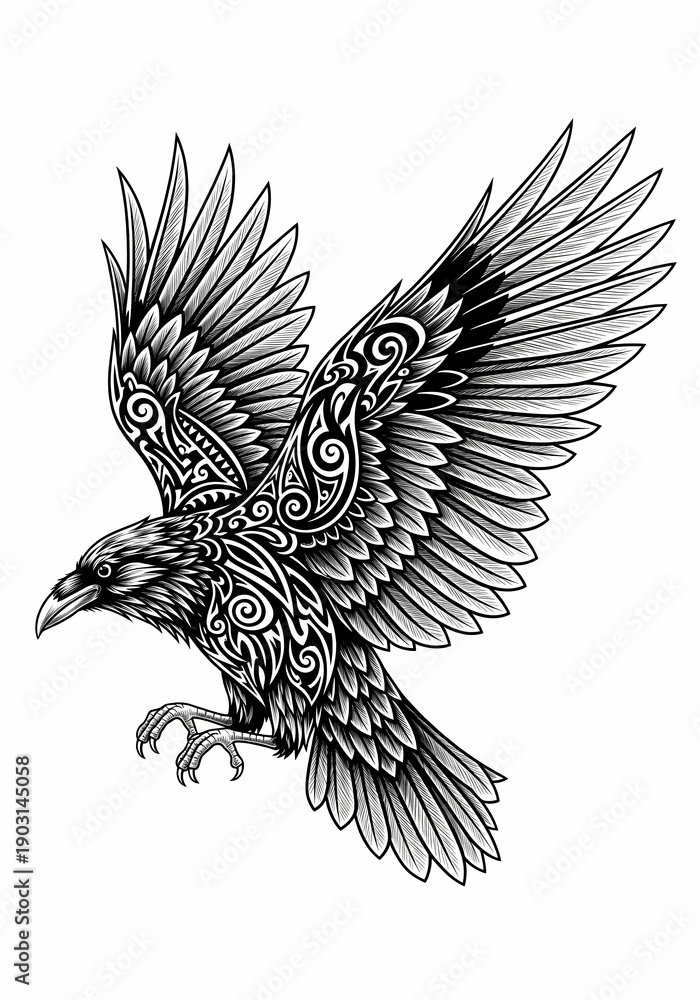 Fototapeta premium 模様が美しいカラスのイラスト、白背景に黒の線画