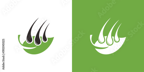 Hair care logo design with green leaf and hair follicles.