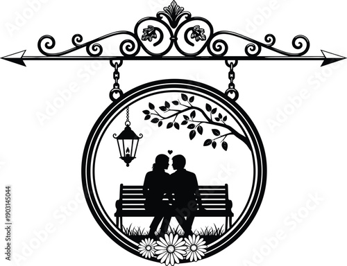 Romantic couple silhouette sitting on park bench under tree and lantern, decorative vintage frame illustration symbolizing love, togetherness, dating, and peaceful evening moments