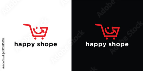 Happy Shope Logo Design Shopping Cart with Smiling Face.