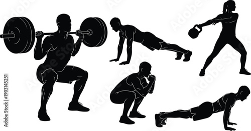 Set of fitness workout silhouettes showing weightlifting, squats, pushups, kettlebell exercises, functional training poses, gym strength cardio routines isolated on white background vector 