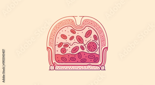 Detailed illustration of blood cells within a vessel depicting biological processes and human health
