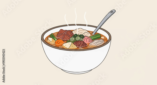 A comforting bowl of steaming hot beef and vegetable stew, perfect for a chilly day
