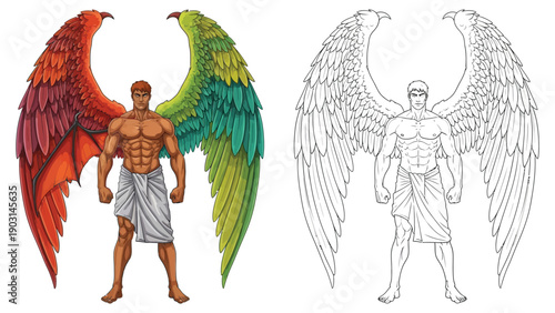 Winged Male Figure with Angel and Demon Wings Vector Illustration