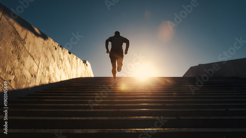 Runner Sprinting Up Stairs Into Sunrise, Silhouette Motivation