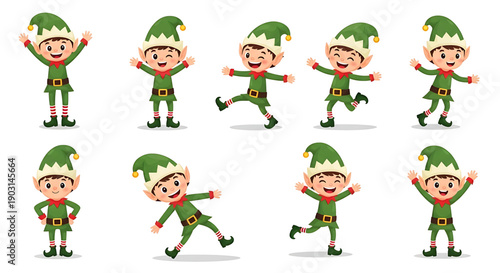 Collection of cartoon elf character illustrations in various dynamic poses and green costumes on white background