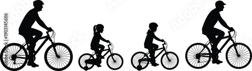 Silhouette illustration of family cycling together showing father, mother, and children riding bicycles, healthy lifestyle, outdoor recreation, fitness activity, and eco friendly 