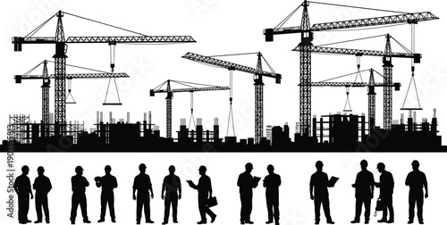 Silhouette vector illustration of construction industry showing tower cranes skyline and a team of engineers and workers standing in a row for business concepts