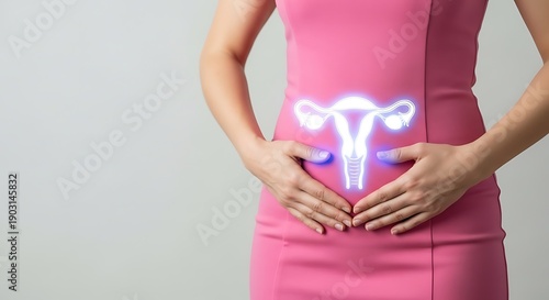 Wallpaper Mural Woman holding her belly with glowing uterus hologram. Concept of gynecology, female reproductive health and fertility treatment. Torontodigital.ca