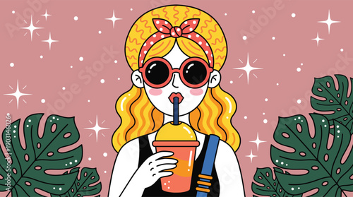Stylish blonde girl with sunglasses bandana drinking iced beverage tropical leaves pop art style illustration