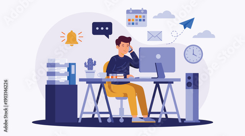 Home office illustration man working desk computer phone call calendar email productivity workspace