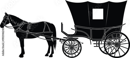 Vintage horse drawn carriage silhouette illustration, classic buggy wagon with horse harness, traditional transportation vector isolated on white background for historical design