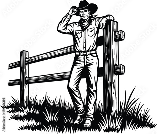 Vintage western cowboy illustration of rancher standing by wooden fence in rural countryside, classic American West farm scene isolated on white background