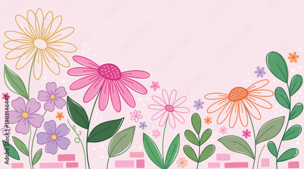 Obraz premium Cheerful botanical illustration pink background flowers daisies leaves pastel garden spring nature