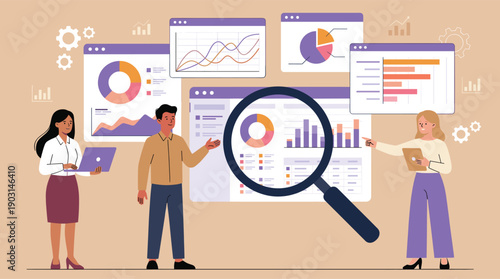 Data analytics illustration team analyzing charts graphs purple dashboard magnifying glass business report