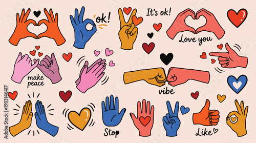 Hand gestures illustration colorful signs love peace thumbs heart fingers expressions communication doodle