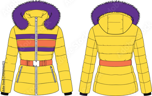 Yellow winter puffer jacket front and back view illustration, women warm hooded coat with fur collar, stylish insulated outerwear vector isolated on white background