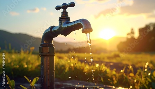 A metal water tap extending over green grass in a sunlit field, warm golden-hour light, shallow depth of field, eco and sustainability concept, calm rural atmosphere, realistic outdoor photography.
