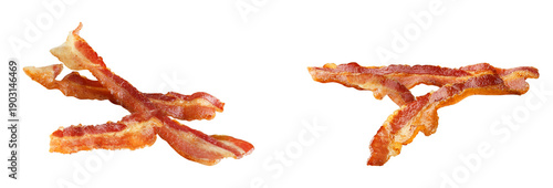 two crisp servings of fried bacon strips, presented in a crosswise arrangement on a plain transparent background, capturing the appetizing texture and color of cooked pork belly.