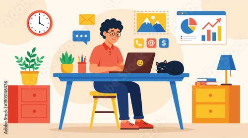 Home office illustration person working desk laptop cat colorful workspace productivity organization remote