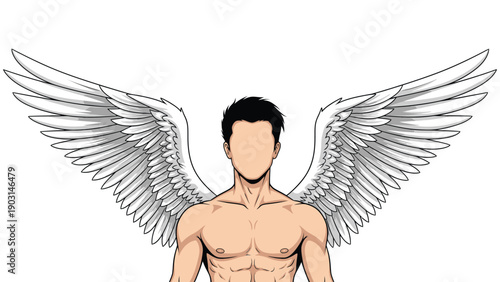  Winged man vector illustration featuring a faceless figure with elegant, feathery wings in a striking artistic design.