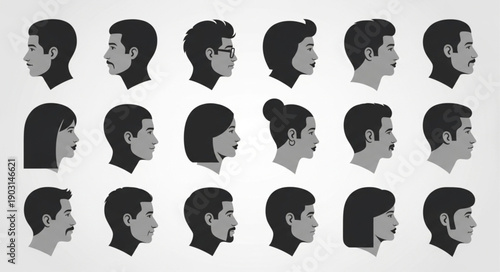 Collection of Diverse Human Head Silhouettes in Profile View.