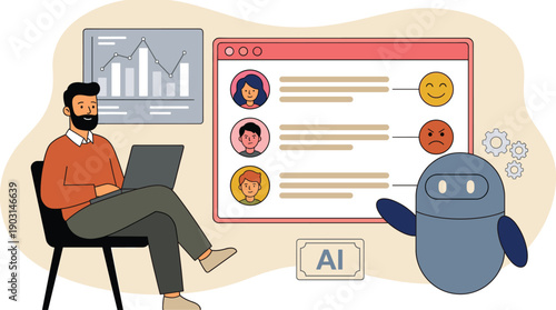 AI sentiment analysis illustration chatbot robot emotions feedback customer reviews automation technology