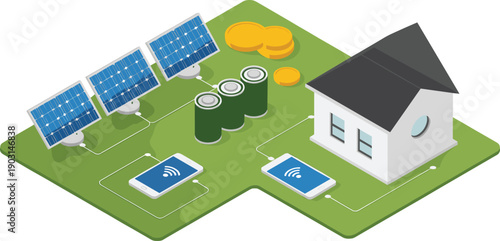 solar, energy, smart, home, renewable, technology, isometric, vector, illustration, house, panel, battery, electricity, eco, green, power, system, digital, modern, sustainability