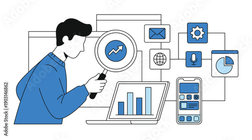 Business professional analyzing growth data with magnifying glass and digital marketing tools