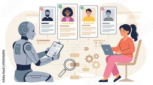 AI robot and human recruiter reviewing candidate profiles with ratings during hiring process
