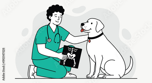 Veterinarian examining dog with x-ray showing skeletal structure during medical checkup appointment