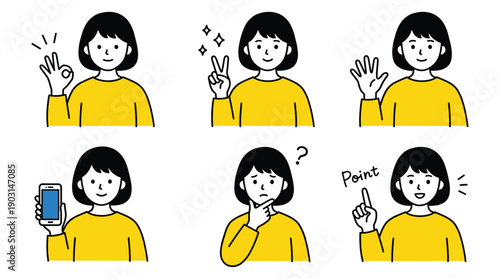 Woman in yellow shirt showing various hand gestures expressions and poses communication set