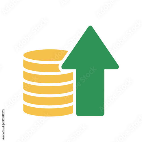 Illustrated icon representing a stack of coins with a green upward-pointing arrow, symbolizing financial growth and increased profitability