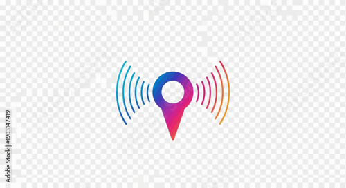 This image depicts a vibrant gradient location pin sending out wireless signals for navigation and