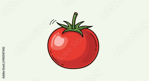 Vibrant Red Tomato Illustration with Green Stem and Leaves Fresh Garden Produce Cartoon Style