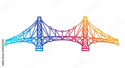 Vibrant geometric bridge illustration with gradient colors spanning a clean white background