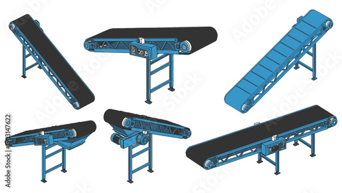 Blue industrial conveyor belt systems depicted in precise technical schematic illustrations.
