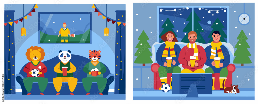 Fototapeta premium A colorful vector illustration of animals and people watching a soccer game on TV during a snowy Christmas night
