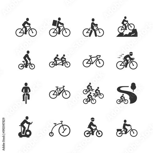 Cycling and bicycle riding scenarios, monochrome icons set. Urban and outdoor cycling activity, bike commuting, mountain biking, leisure and sport transportation. Black and white symbols style.