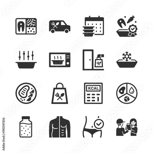 Food delivery and meal plan service, monochrome icons set. Home food delivery, ready meals, healthy eating service, courier delivery, diet and lifestyle support. Black and white symbols style