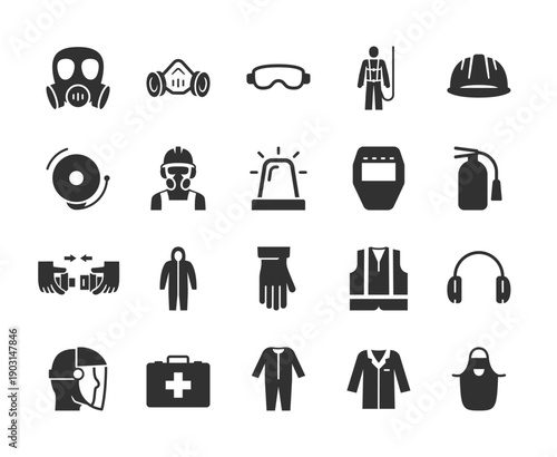 Personal protective equipment and safety gear, monochrome icons set. Industrial and everyday protection, respiratory and eye protection, hazard prevention, workplace safety. Black and white symbols