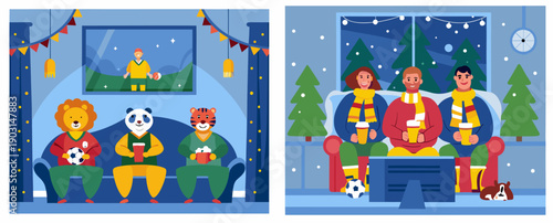 A colorful vector illustration of animals and people watching a soccer game on TV during a snowy Christmas night