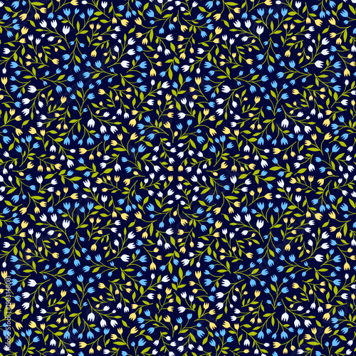 Bright, colorful small tulips on a dark blue background A simple floral, plant-based, natural pattern